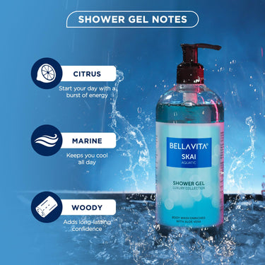 Bella Vita Luxury Skai Aquatic Unisex Body Wash Refreshing Shower Gel for Deep Cleansing, Hydrating & Moisturising Skin with Aloe Vera 500 Ml